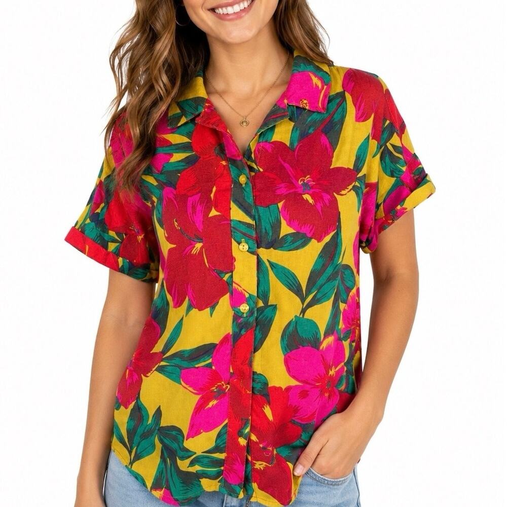 For Cynthia‎ Petite Tropical Floral Linen Blend Colorful Button Up Shirt Medium